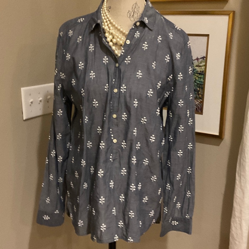 LOFT Blue Blouse with White Floral Pattern